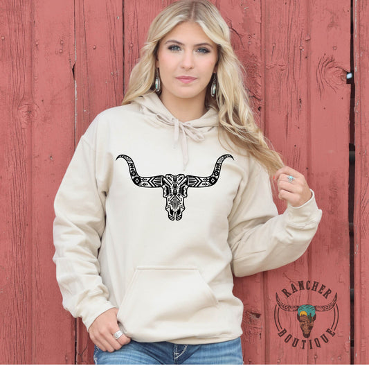 Aztec Black Steer Head Hoodie